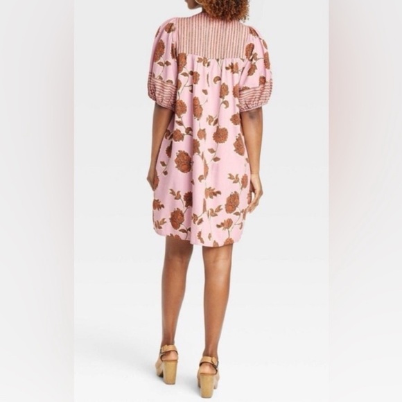 [L] Knox Rose Pink Floral Striped Short Sleeve Boho Peasant Shift Dress - Picture 2 of 9